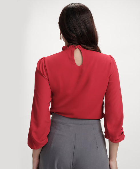 Chiffon Lantern Sleeve Detailed Neck Red Top